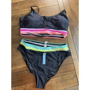 Popvil Women bikini moderate high cut bathing suit swimsuit Black Sz XXL NWT